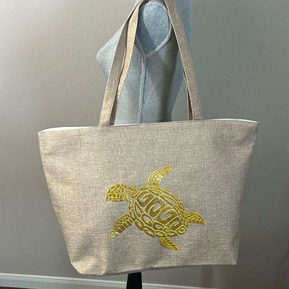 Sea Turtle Beach Bag Tote Gold Embossed Shoulder Strap